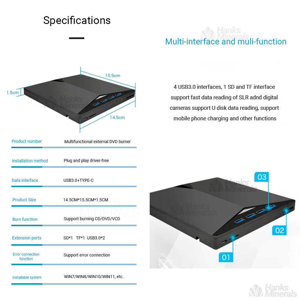 7-in-1 Slim External CD DVD Drive USB 3.0 Reader Writer Burner Player For Laptop