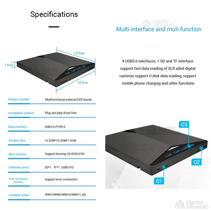 7-in-1 Slim External CD DVD Drive USB 3.0 Reader Writer Burner Player For Laptop