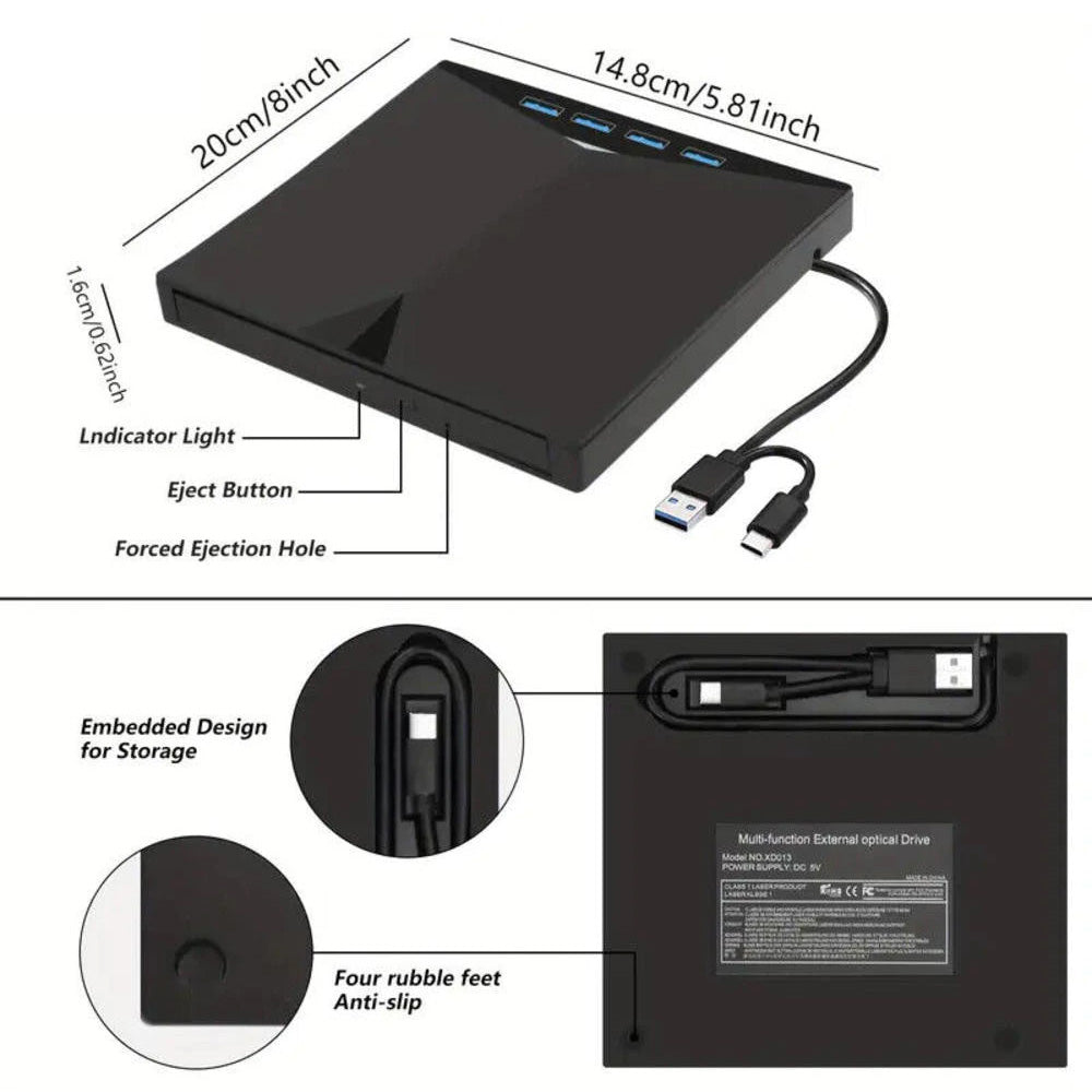 7-in-1 Slim External CD DVD Drive USB 3.0 Reader Writer Burner Player For Laptop