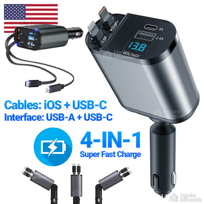 4-in-1 Retractable Car Charger Fast Charge USB Type-C Cable USB-C 120W