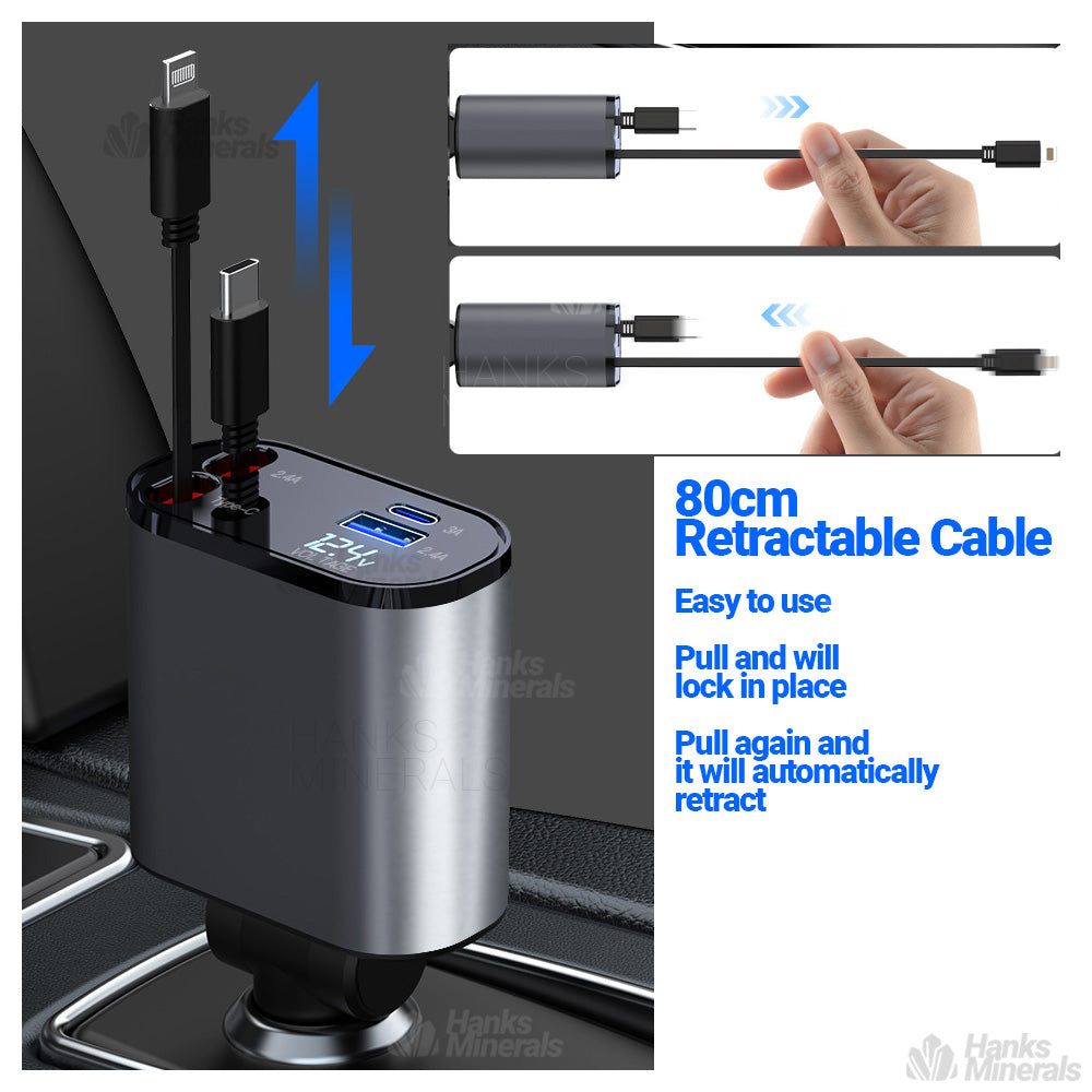 4-in-1 Retractable Car Charger Fast Charge USB Type-C Cable USB-C 120W