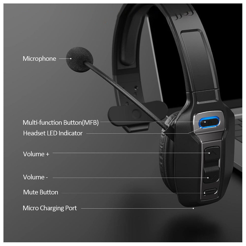 Trucker Headset Wireless Bluetooth 5.2 AI Noise Cancelling Mic For Phones PC